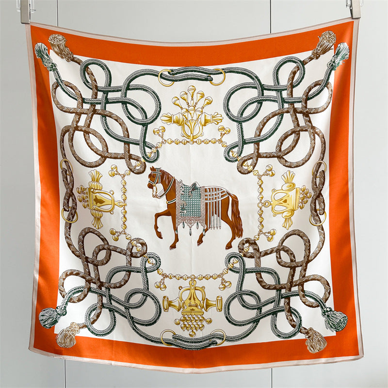Orange Carriage Silk Scarf — Stirrup & Saddle Motif 34.5"