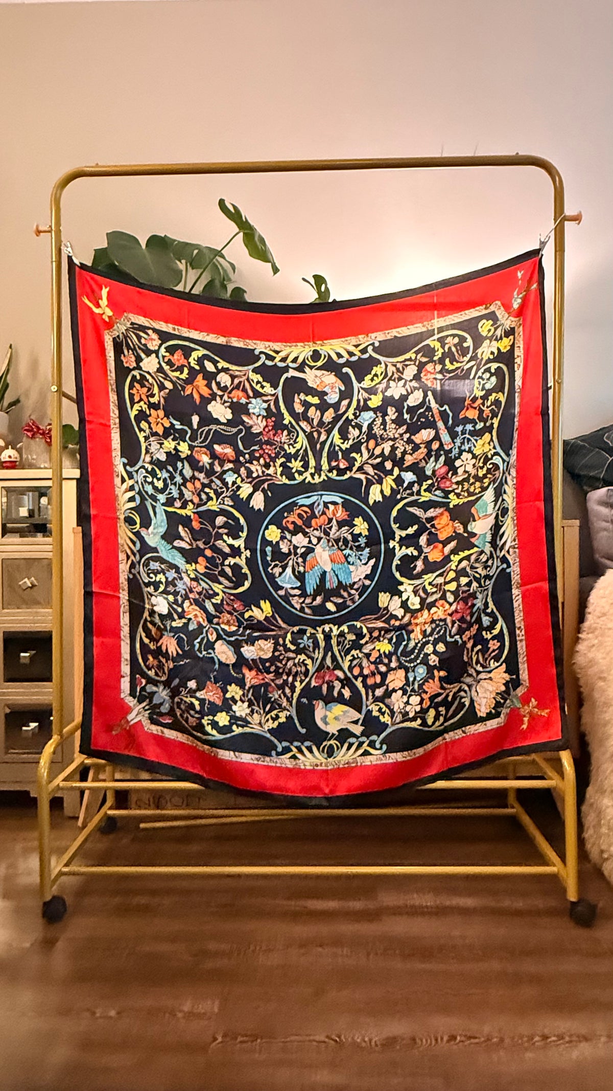 Volière Silk Scarf — Midnight & Coral
