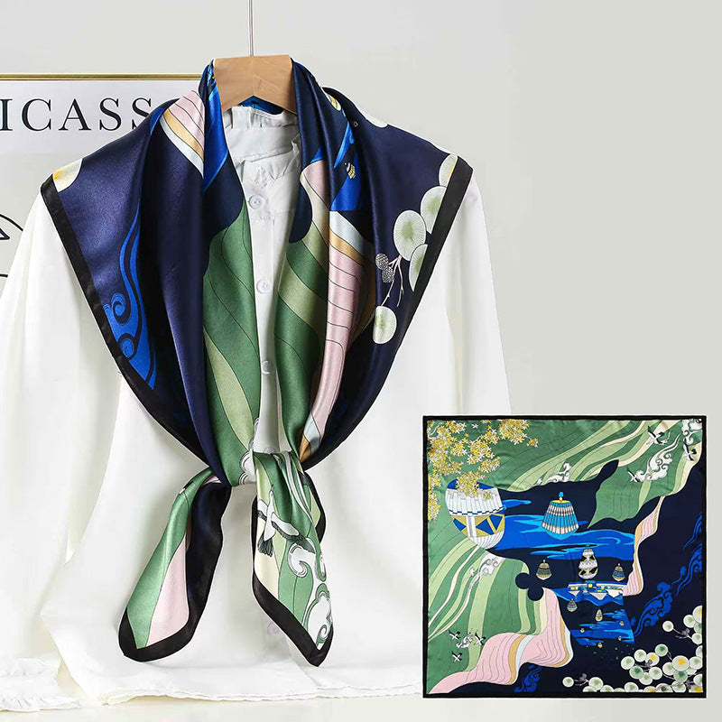 Japonisme Landscape Silk Scarf — Navy & Green 34.5" Square
