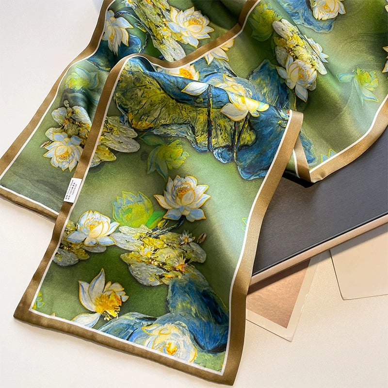 Green Lotus Pond Silk Twillie — Painterly Floral 59" Ribbon