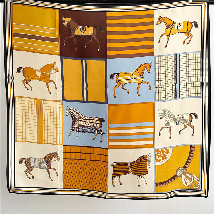 Steed & Stable Silk Scarf — Orange Horse Patchwork 43" Square
