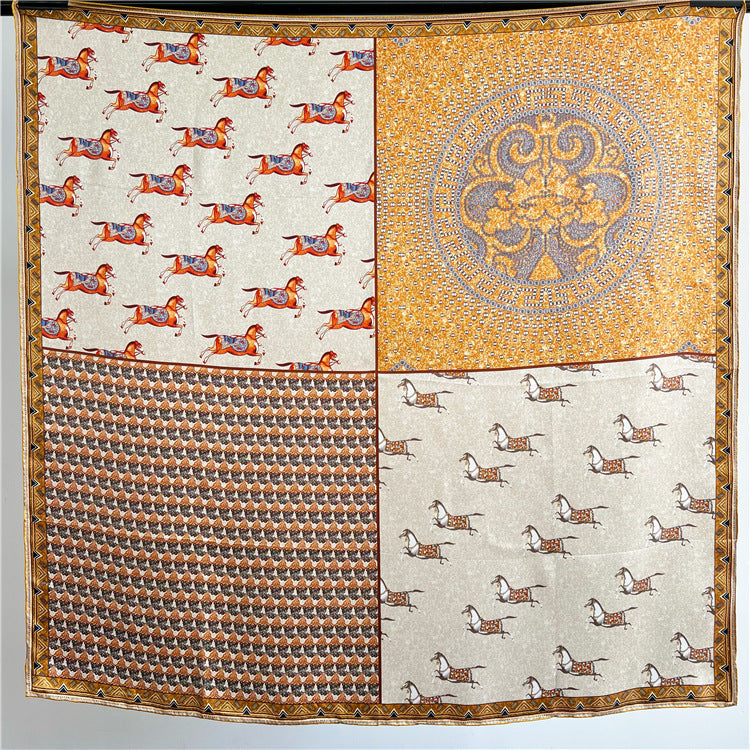 Four Quarters Silk Scarf — Horse Patchwork 43" Square