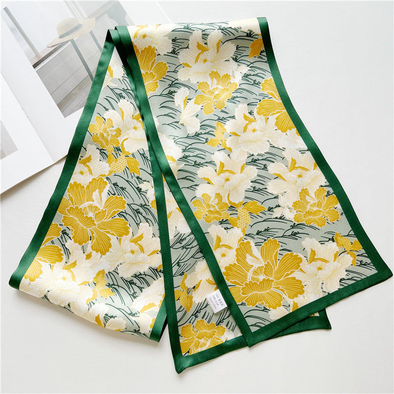 Yellow Peony Silk Twillie — Forest Green Border 59" Ribbon