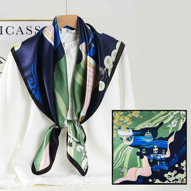 Japonisme Landscape Silk Scarf — Navy & Green Alt 34.5" Square