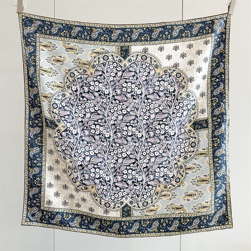 Tree of Persimmons Silk Twill Scarf — Blue Floral 51" Square