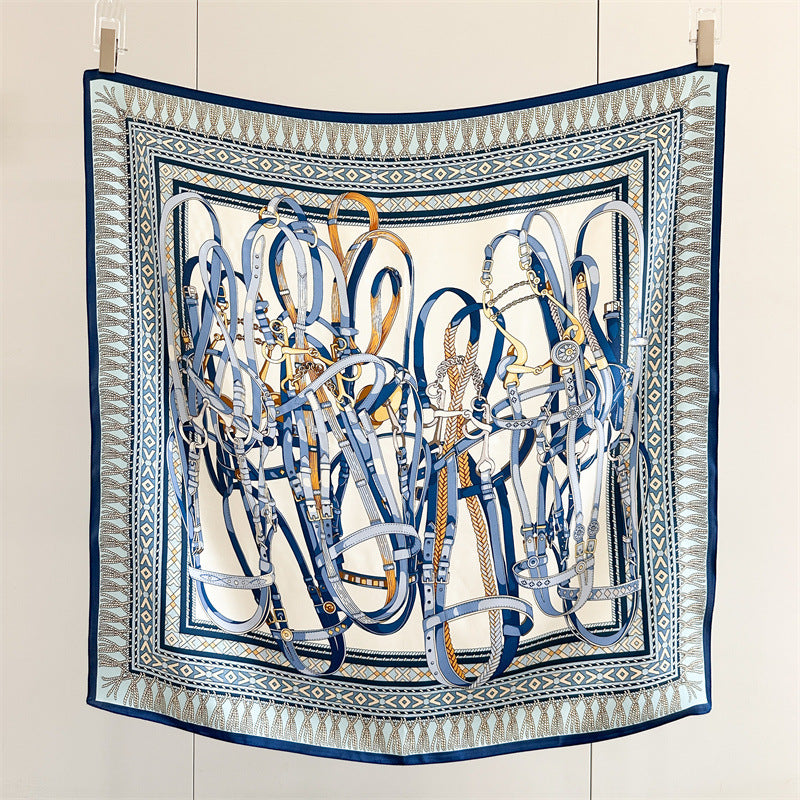 Blue Bridle & Bit Silk Scarf — Equestrian Tangle 34.5" Square