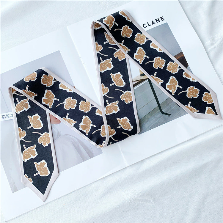 Tulip Print Skinny Silk Twillie — Black & Caramel 35" Ribbon