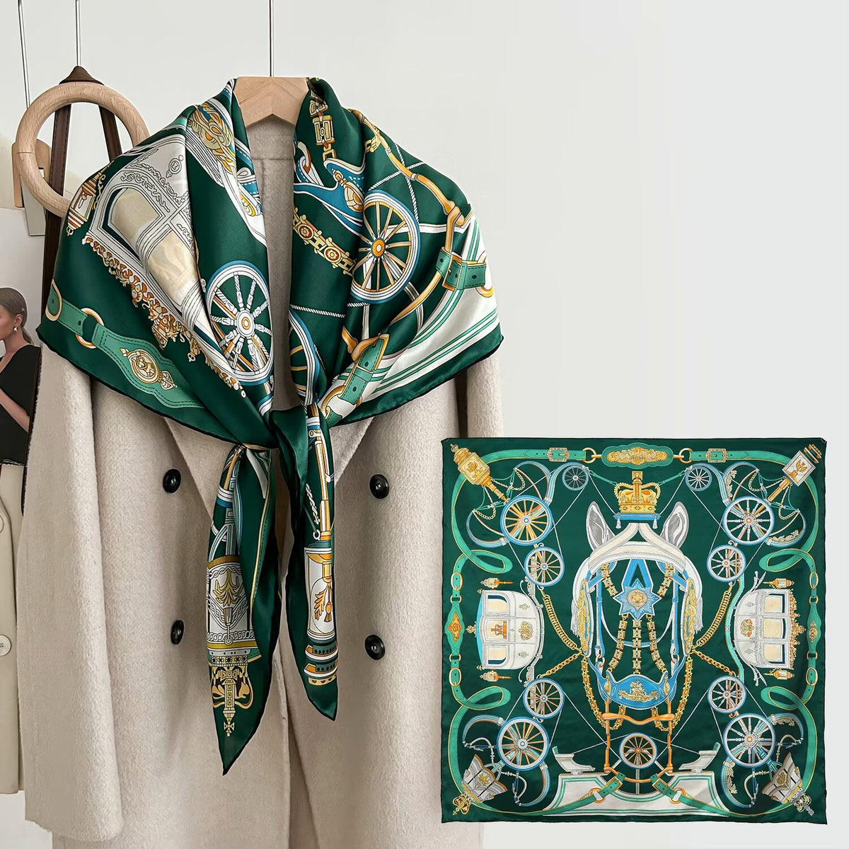 Emerald Baroque Silk Scarf — Sunburst & Ornament 34.5" Square